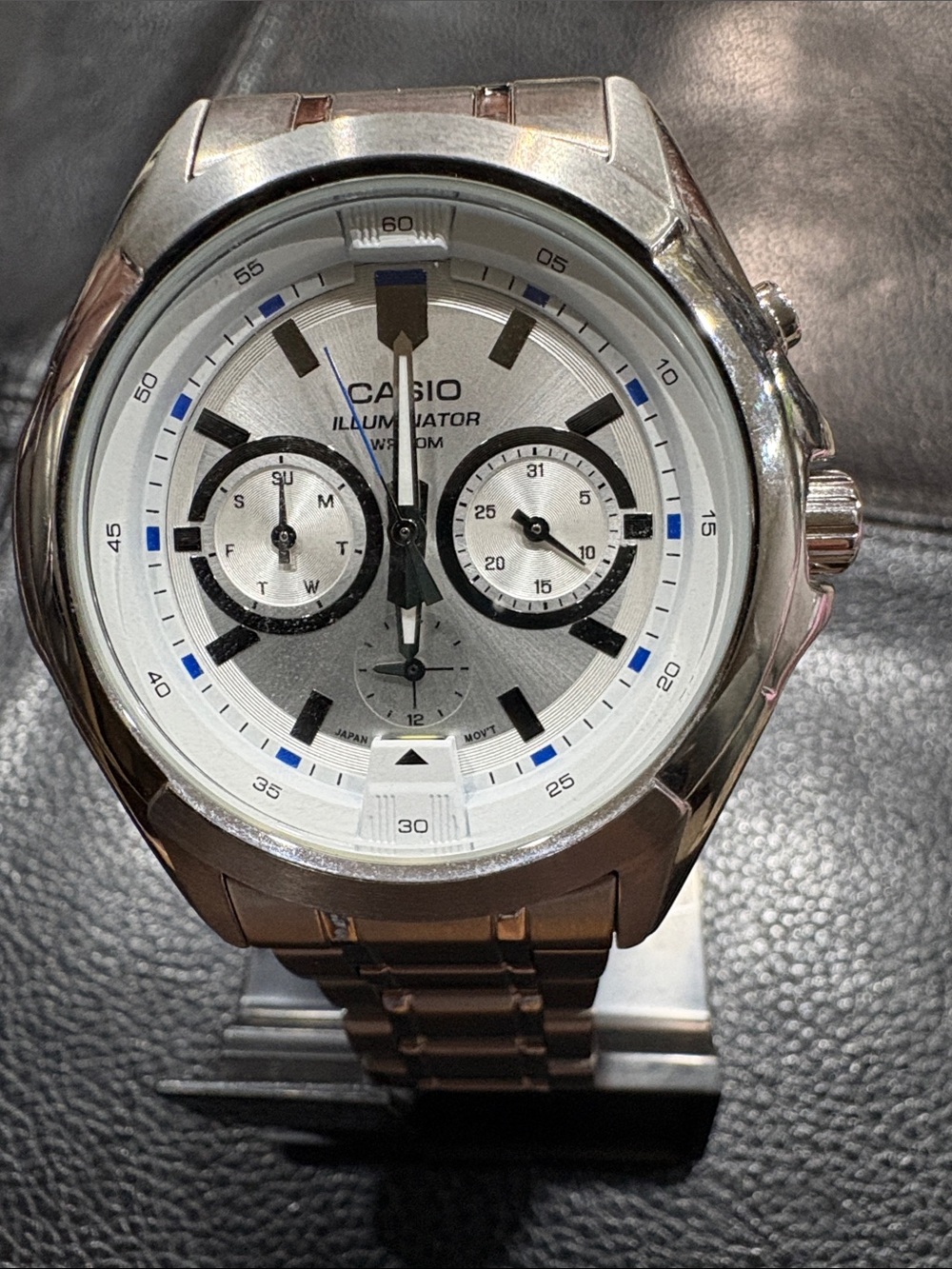 Casio Silver Stainless Chronograph Watch with White Dial and Blue Accents